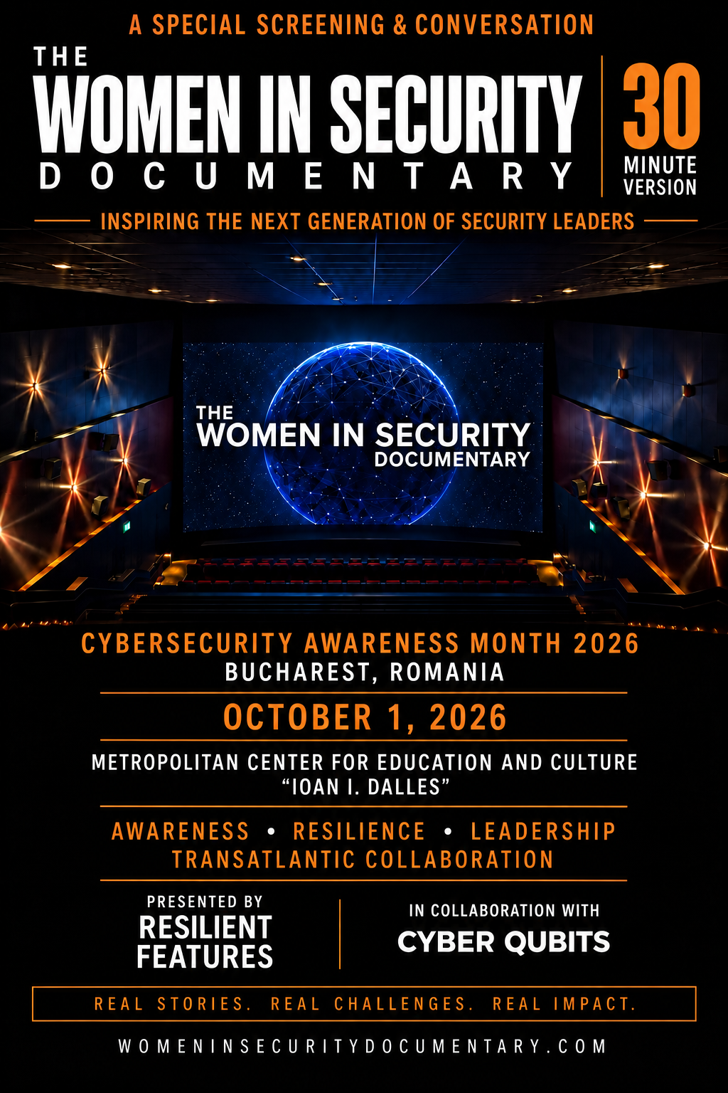 Poster for a special screening and conversation of The Women In Security Documentary 30 minute version in Bucharest, Romania on October 1, 2026.