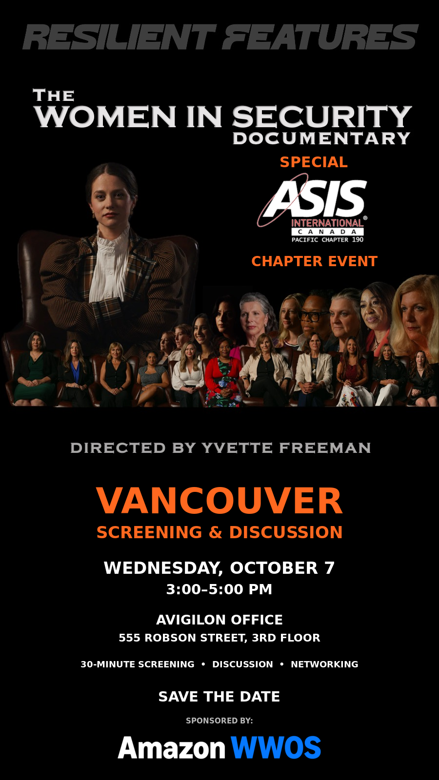 Poster for a Vancouver screening and discussion of The Women In Security Documentary, a special ASIS International Canada Pacific Chapter 190 event at the Avigilon office on Wednesday, October 7.