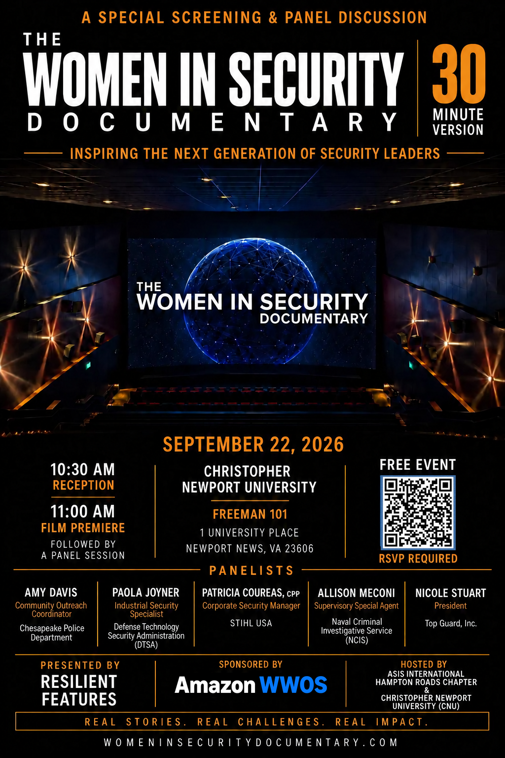Poster for a special screening and panel discussion of The Women In Security Documentary 30 minute version at Christopher Newport University on September 22, 2026.