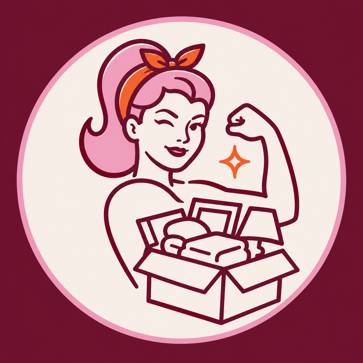 She's Letting It Go submark: an illustrated woman with pink hair and an orange headband flexing her arm beside a box of belongings.